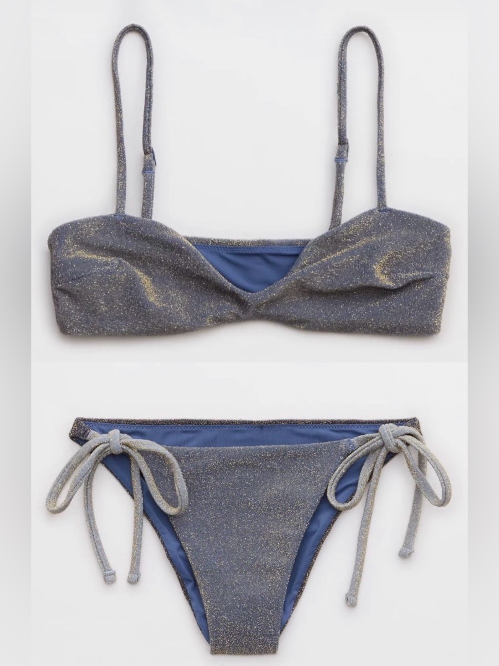 NWT Aerie FULL SET Sparkle Bralette Bandeau Top + Cheekiest Tie Bottom Blue Gold